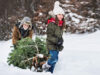 Kind mit Opa Weihnachtsbaum schlagen